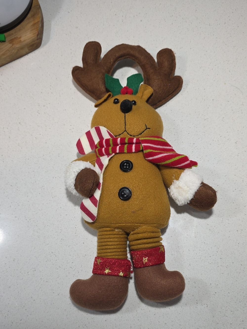 Plush Reindeer Holiday Door Hanger - Mustard Brown with Red Scarf